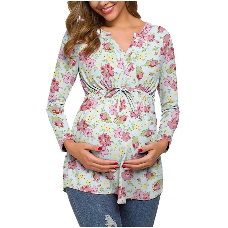 Pregnant Women Floral Printed V-Neck Long Sleeve Lace-Up Breastfeeding Top