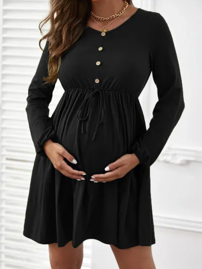 Maternity Lace-Up Dress Simple Solid Color Long Sleeve Bubble Sleeve High Waist Mid-Skirt