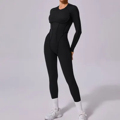 Women Fashion Tight Solid Color Long-Sleeved Backless Yoga Sports Jumpsuits