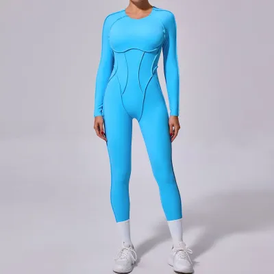 Women Fashion Tight Solid Color Long-Sleeved Backless Yoga Sports Jumpsuits