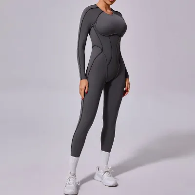 Women Fashion Tight Solid Color Long-Sleeved Backless Yoga Sports Jumpsuits