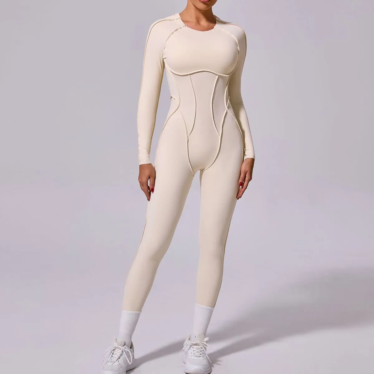 Women Fashion Tight Solid Color Long-Sleeved Backless Yoga Sports Jumpsuits