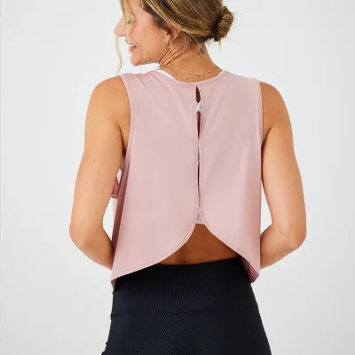 Women Casual Loose Solid Color Hollow-Out Sports Yoga Vest Top