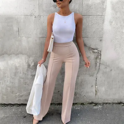 Women's Casual Solid Color High Waist Wide Leg Micro-Flared Pants