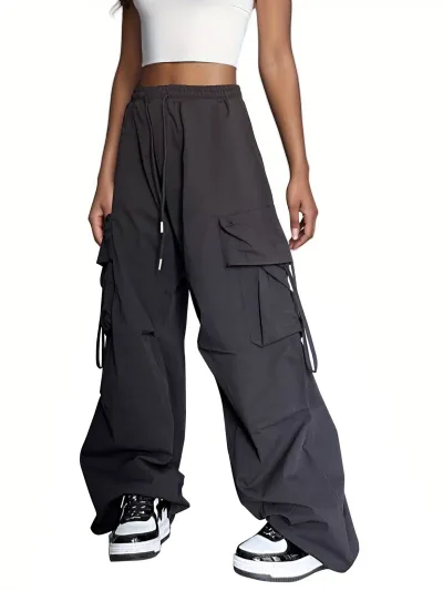 Women Casual Solid Color Multi-Pocket Drawstring Wide-Leg Overalls Pants