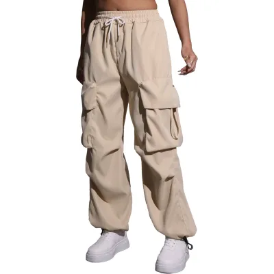 Women Casual Solid Color Multi-Pocket Drawstring Wide-Leg Overalls Pants