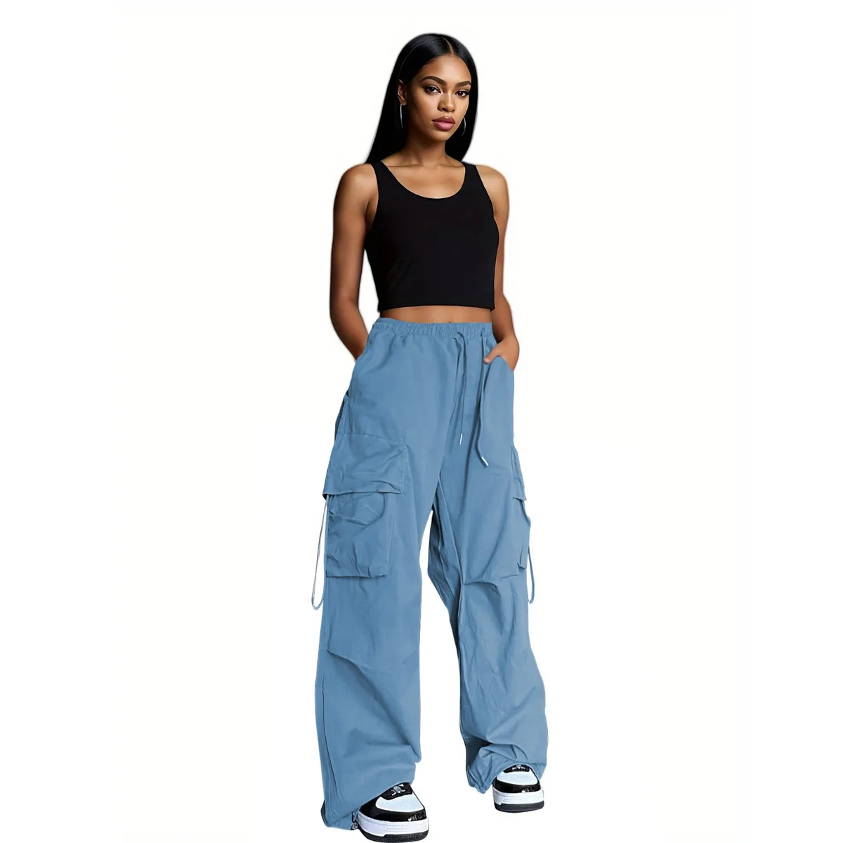 Women Casual Solid Color Multi-Pocket Drawstring Wide-Leg Overalls Pants