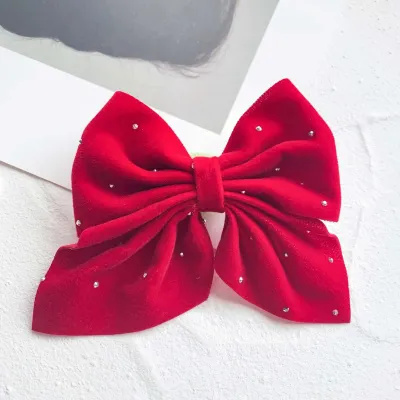 Women Fashion Elegant Solid Color Rhinestone Bowknot Plush Hairpin Duckbill Clip