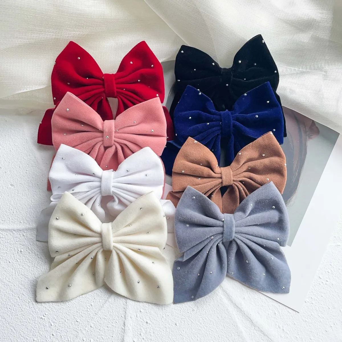 Women Fashion Elegant Solid Color Rhinestone Bowknot Plush Hairpin Duckbill Clip