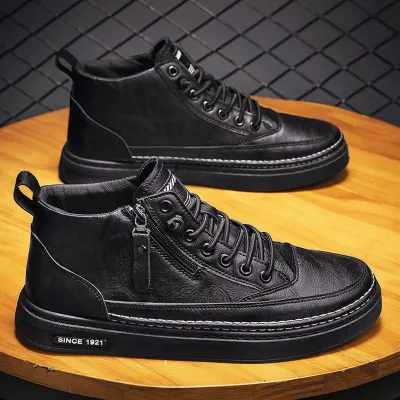 Men Casual Lace Up High Top Boots Synthetic Leather Round Toe Thick Bottom