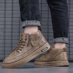 Men Casual Lace Up High Top Boots Synthetic Leather Round Toe Thick Bottom