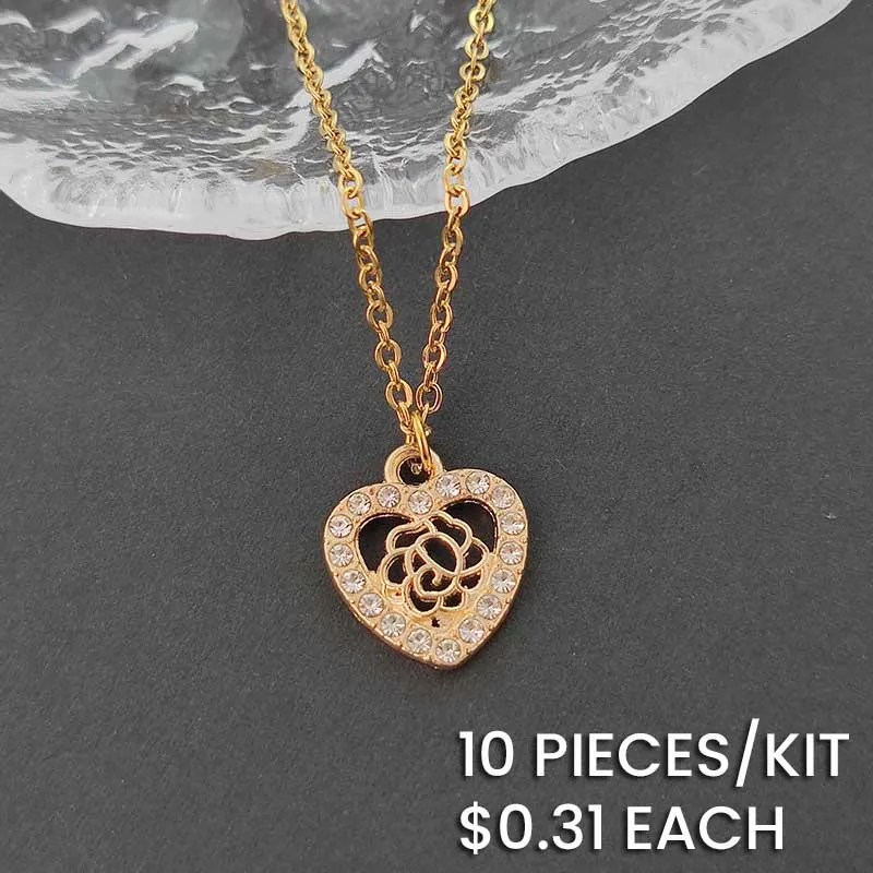 Rhinestone Alloy Hollow Rose Heart Pendant Stainless Steel Chain Necklace