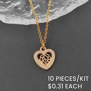 Rhinestone Alloy Hollow Rose Heart Pendant Stainless Steel Chain Necklace