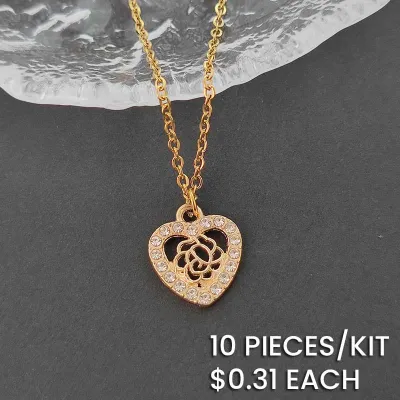 Rhinestone Alloy Hollow Rose Heart Pendant Stainless Steel Chain Necklace