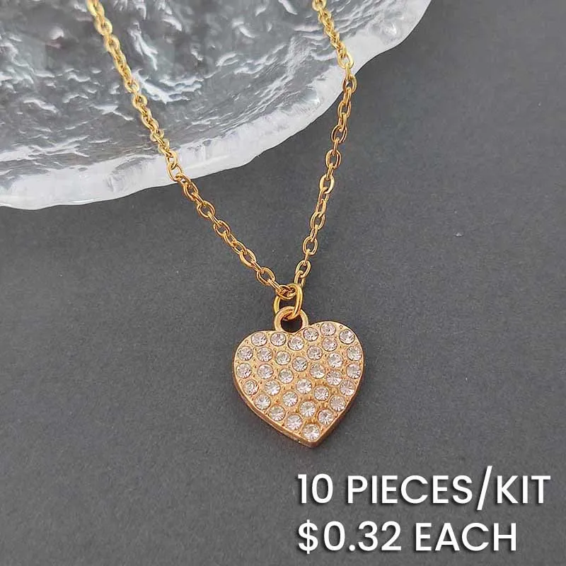 Rhinestone Alloy Heart Pendant Stainless Steel Chain Necklace 45cm