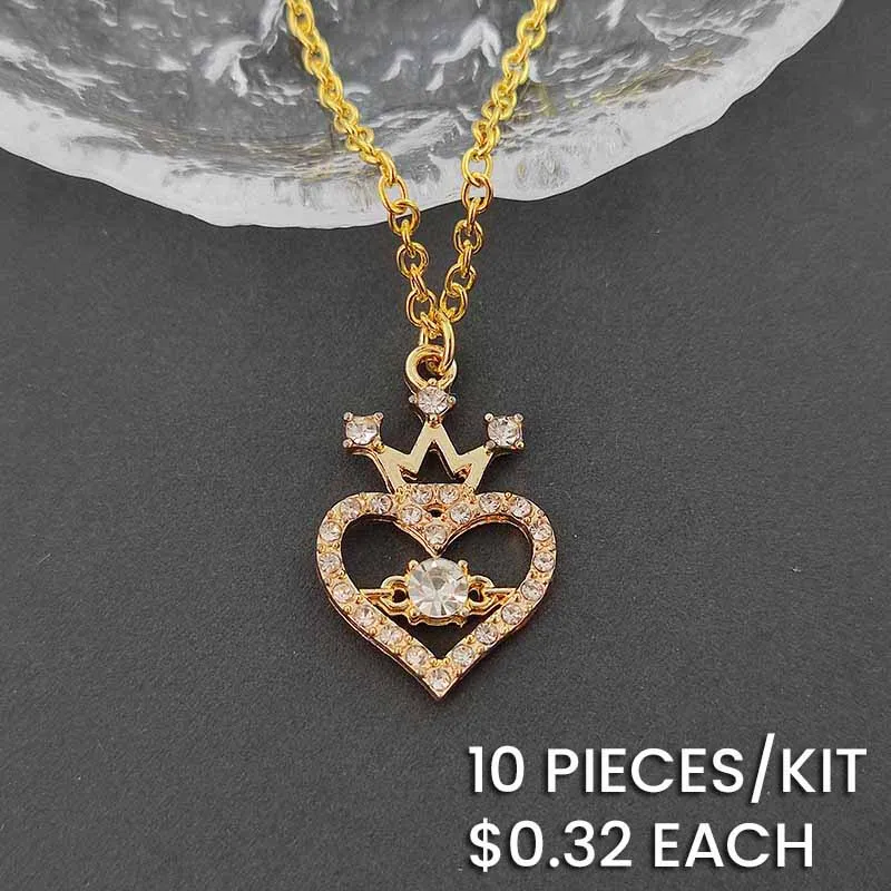 Hollow Crown Heart Rhinestone Chain Necklace 45+5cm Fashion Pendant Jewelry