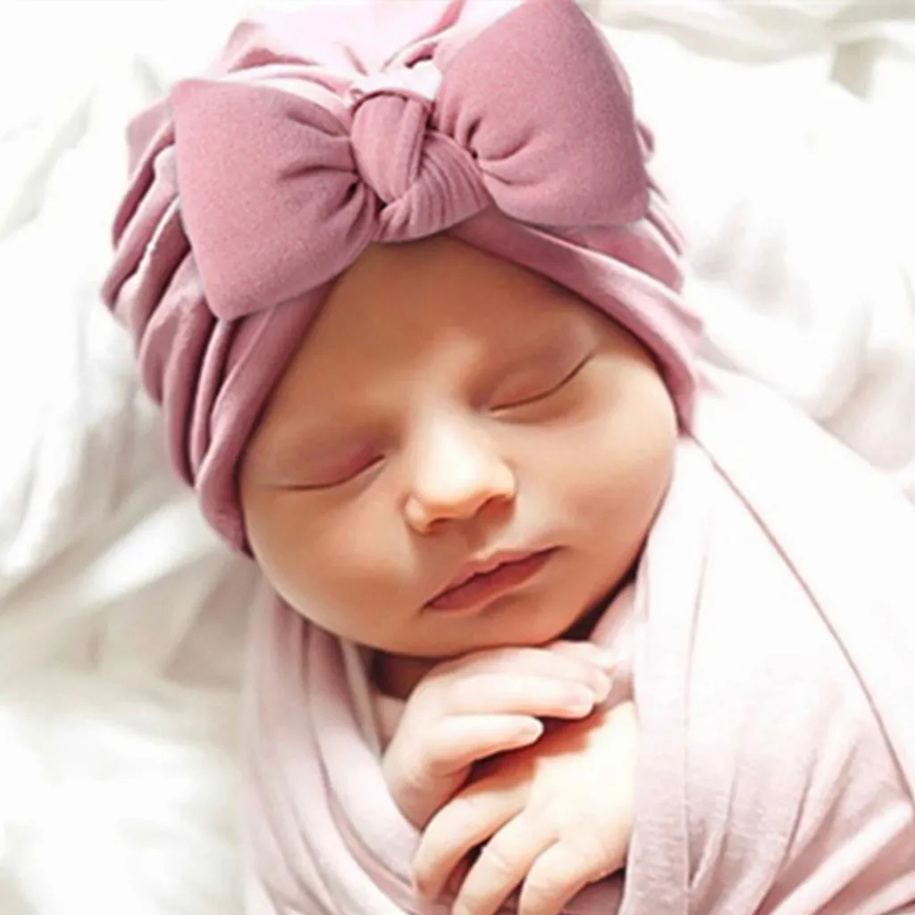 Newborn Cute Solid Color Bow Turban Cap Dome Hat Polyester Fashion Commuter