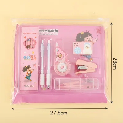Children Fashion Pencil Stapler Drawing Tool Gift Box Stationery Set Blue Pink