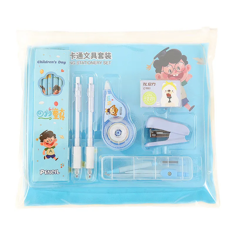 Children Fashion Pencil Stapler Drawing Tool Gift Box Stationery Set Blue Pink