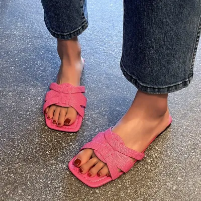 Women Fashion Casual Solid Color Woven Square Toe Non-Slip Flat Slippers Plus Size