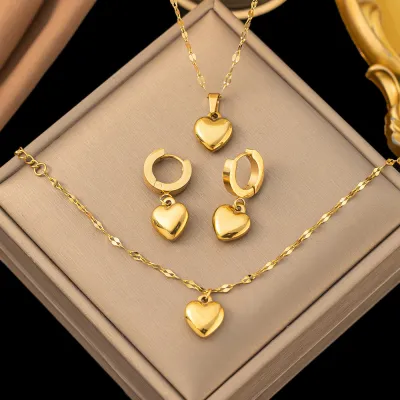 Women Fashion Simple Stainless Steel Metal Love Bracelet Earrings Necklace Set