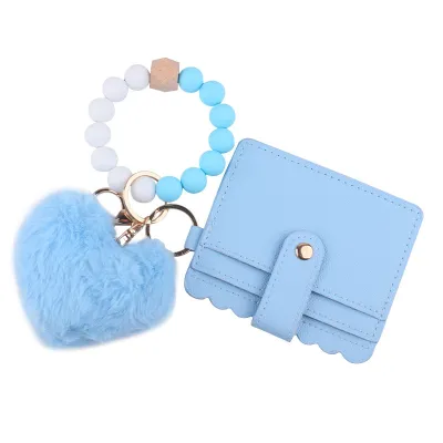 Fashion Solid Color Silicone Bead Bracelet Plush Pendant Card Bag Keychain