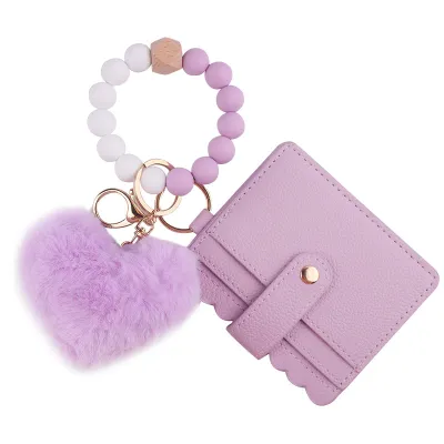 Fashion Solid Color Silicone Bead Bracelet Plush Pendant Card Bag Keychain