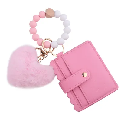 Fashion Solid Color Silicone Bead Bracelet Plush Pendant Card Bag Keychain
