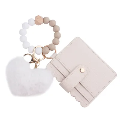 Fashion Solid Color Silicone Bead Bracelet Plush Pendant Card Bag Keychain