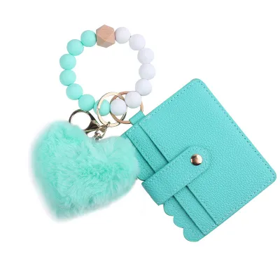 Fashion Solid Color Silicone Bead Bracelet Plush Pendant Card Bag Keychain