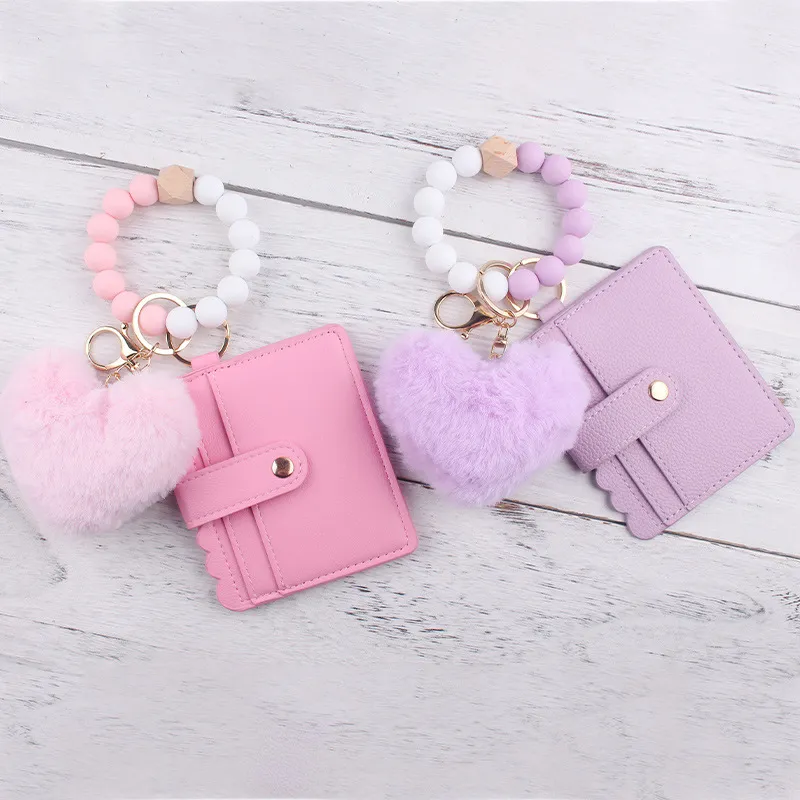Fashion Solid Color Silicone Bead Bracelet Plush Pendant Card Bag Keychain