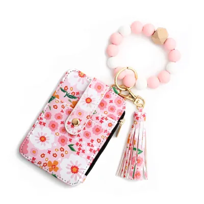 Fashion Floral Printed Silicone Bead Bracelet Tassel Card Bag Keychain