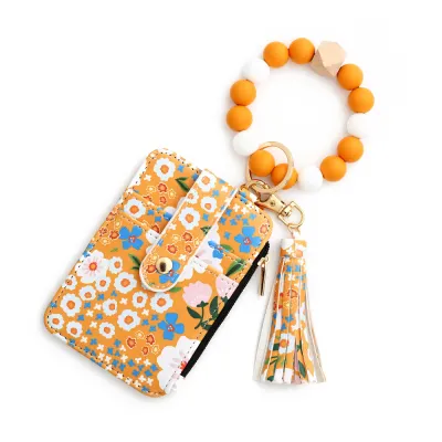 Fashion Floral Printed Silicone Bead Bracelet Tassel Card Bag Keychain