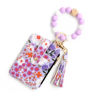 Fashion Floral Printed Silicone Bead Bracelet Tassel Card Bag Keychain