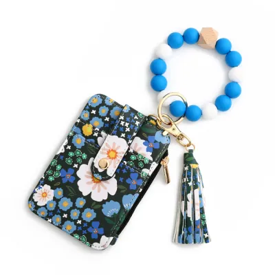 Fashion Floral Printed Silicone Bead Bracelet Tassel Card Bag Keychain