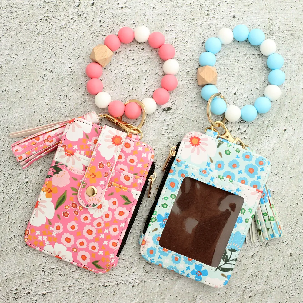 Fashion Floral Printed Silicone Bead Bracelet Tassel Card Bag Keychain