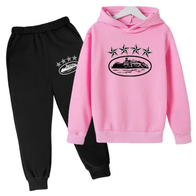 Kids Toddler Boys Girls Casual Sports Print Long Sleeve Fleece Hoodies Trousers Two-Piece Set