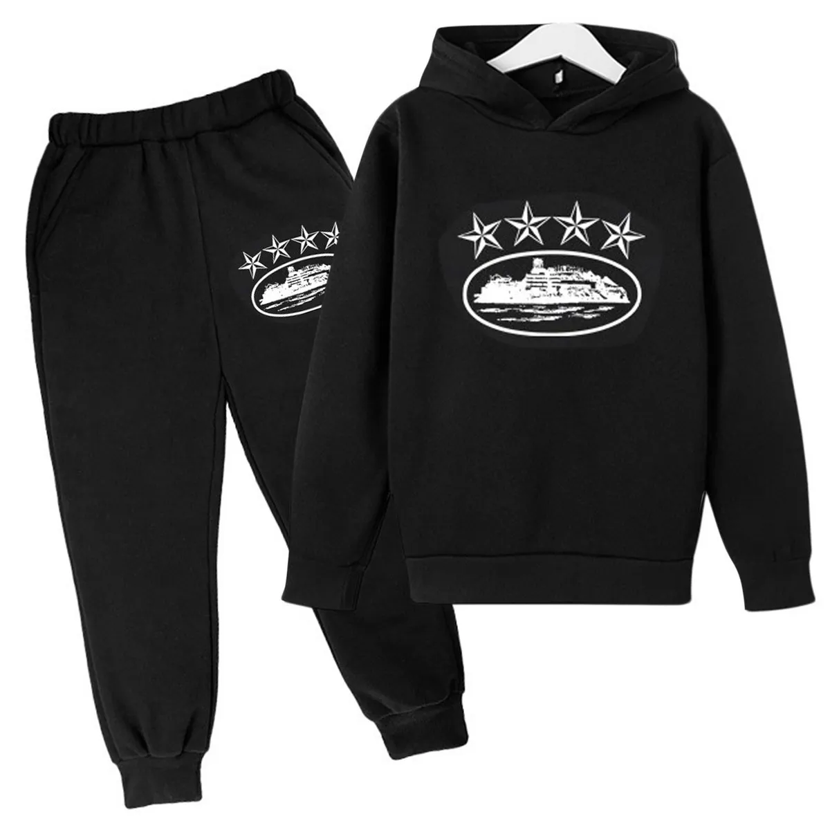 Kids Toddler Boys Girls Casual Sports Print Long Sleeve Fleece Hoodies Trousers Two-Piece Set