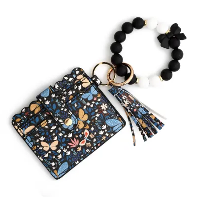 Fashion Butterfly Print Silicone Bead Bracelet Tassels Card Bag Keychain