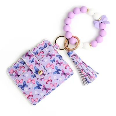 Fashion Butterfly Print Silicone Bead Bracelet Tassels Card Bag Keychain