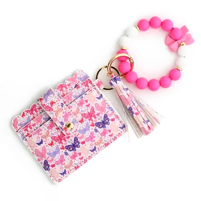 Fashion Butterfly Print Silicone Bead Bracelet Tassels Card Bag Keychain