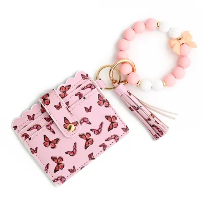 Fashion Butterfly Print Silicone Bead Bracelet Tassels Card Bag Keychain