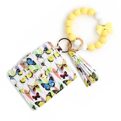 Fashion Butterfly Print Silicone Bead Bracelet Tassels Card Bag Keychain