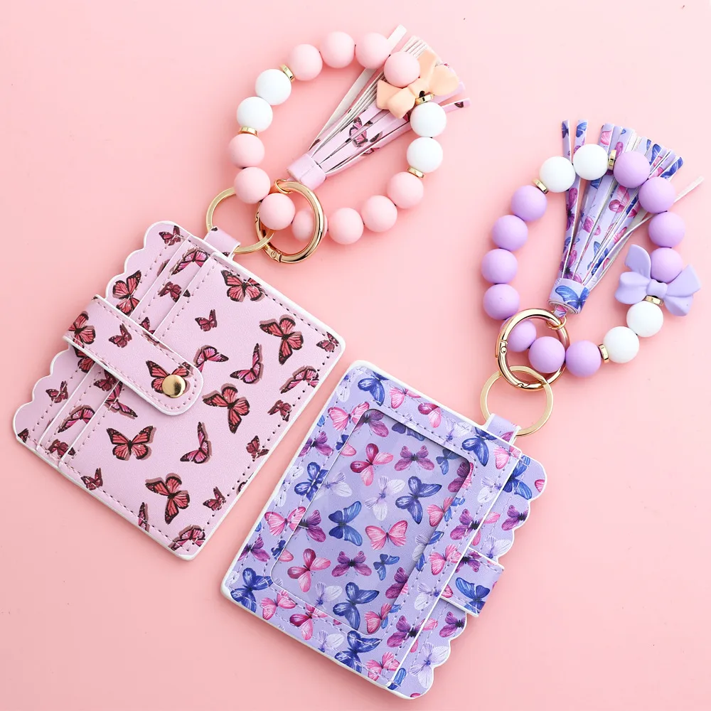 Fashion Butterfly Print Silicone Bead Bracelet Tassels Card Bag Keychain
