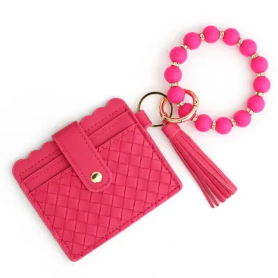 Fashion Solid Color Woven Stripe Silicone Bead Bracelet Tassels Card Bag Keychain