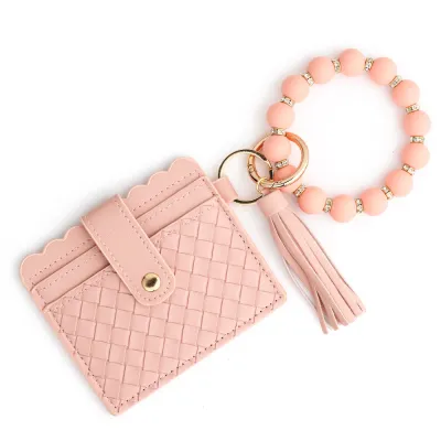 Fashion Solid Color Woven Stripe Silicone Bead Bracelet Tassels Card Bag Keychain