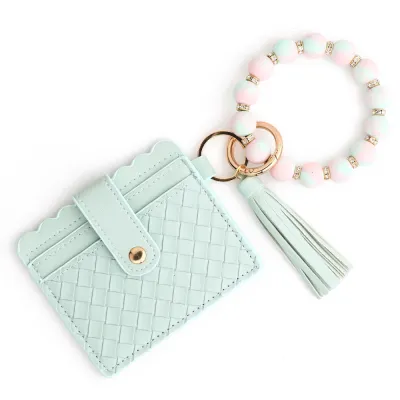 Fashion Solid Color Woven Stripe Silicone Bead Bracelet Tassels Card Bag Keychain