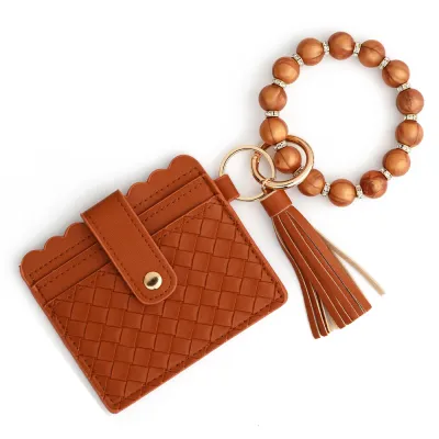 Fashion Solid Color Woven Stripe Silicone Bead Bracelet Tassels Card Bag Keychain