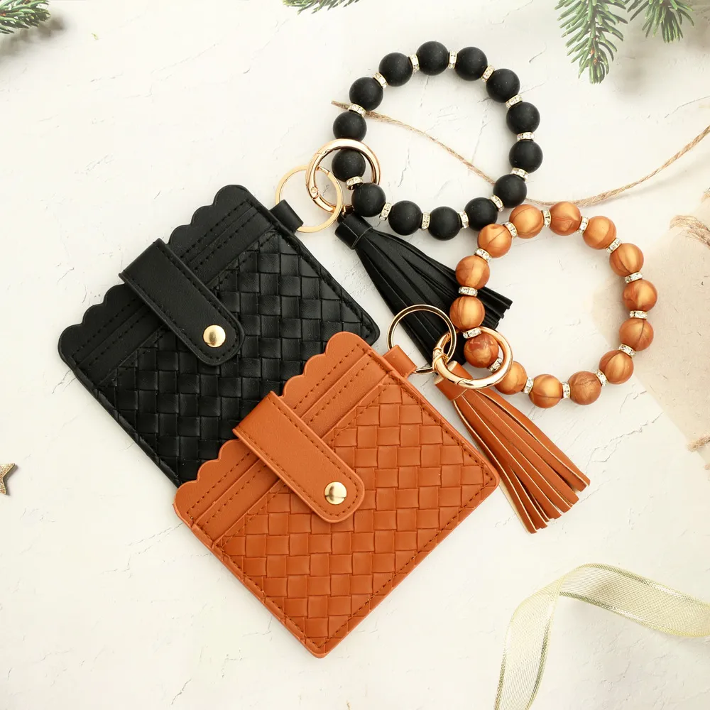 Fashion Solid Color Woven Stripe Silicone Bead Bracelet Tassels Card Bag Keychain