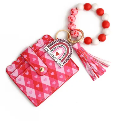 Fashion Heart Printed Silicone Bead Bracelet Tassels Card Bag Keychain